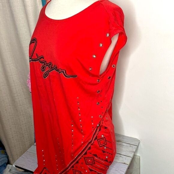 🌷OXYGEN🌷RED Rhinestone Beaded Short Sleeve Dress - Picture 6 of 13